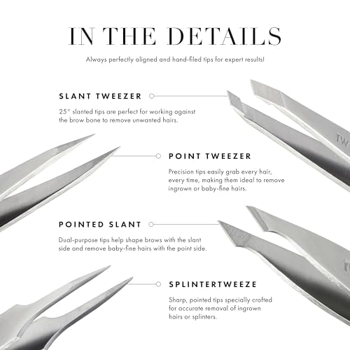 Tweezerman Mini Slant Tweezer on a vanity with other beauty tools