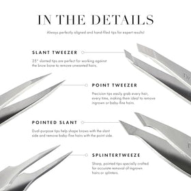 Tweezerman Mini Slant Tweezer on a vanity with other beauty tools