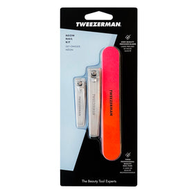 Tweezerman Neon Nail Kit with clippers and files on a table