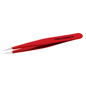 Tweezerman Point Tweezer for Eyebrows in signature red front view