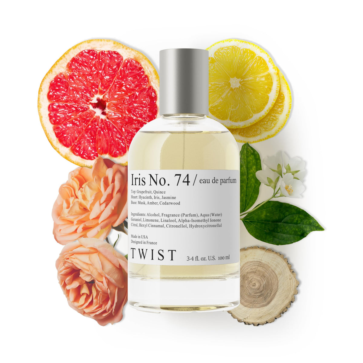 Twist Iris No. 74 Eau de Parfum front view with elegant packaging