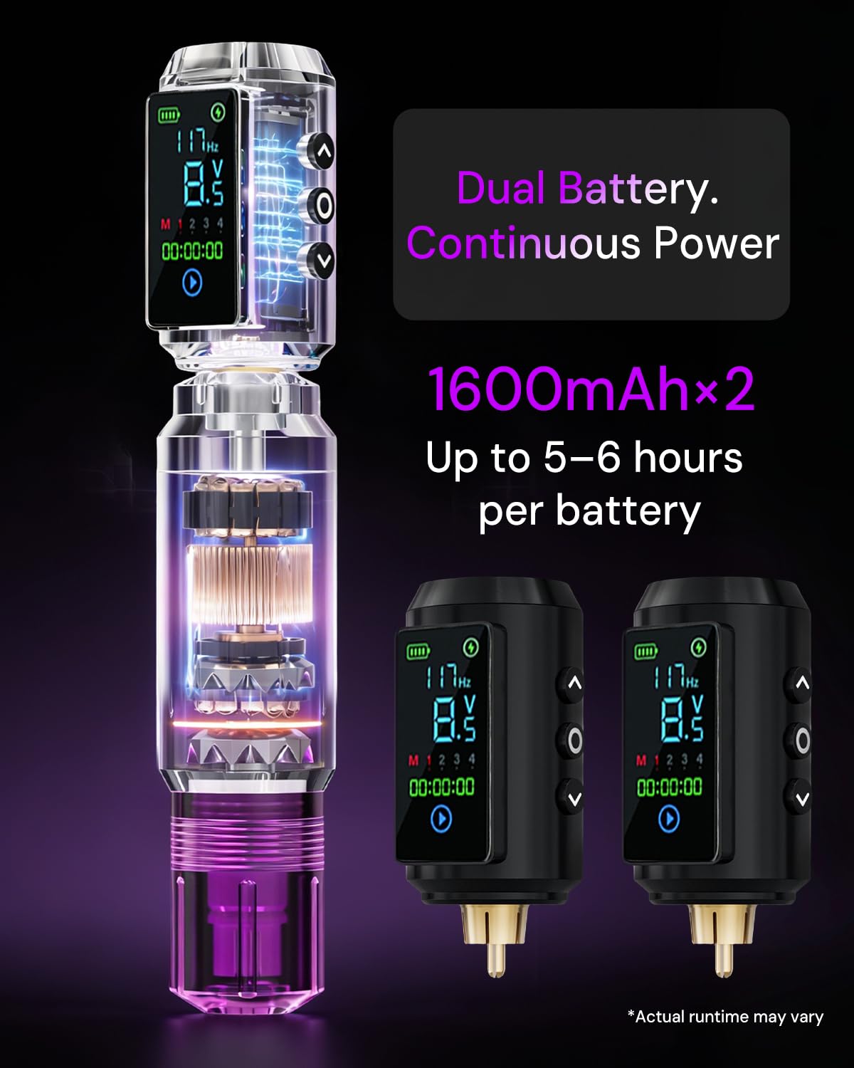 Two 1600mAh batteries included in Neebol tattoo kit
