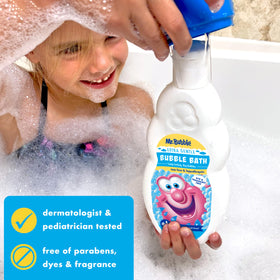 Two bottles of Mr. Bubble Extra Gentle Bubble Bath on a bathroom shelf