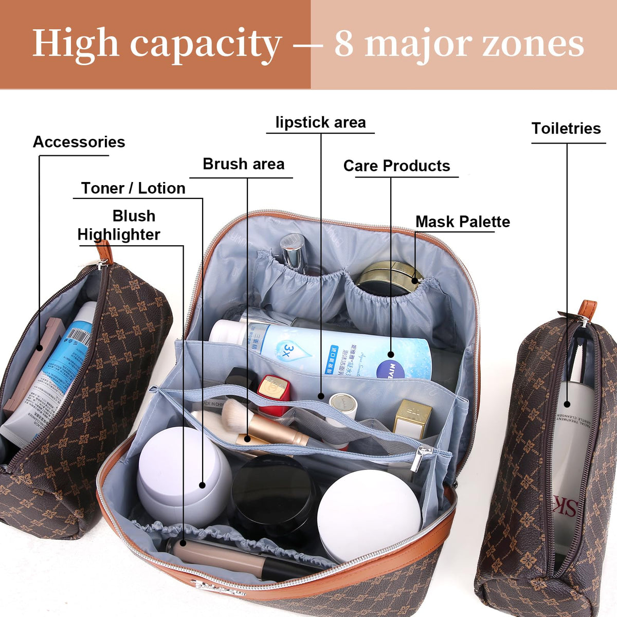 Two detachable zippered pouches from BOYATU makeup bag set