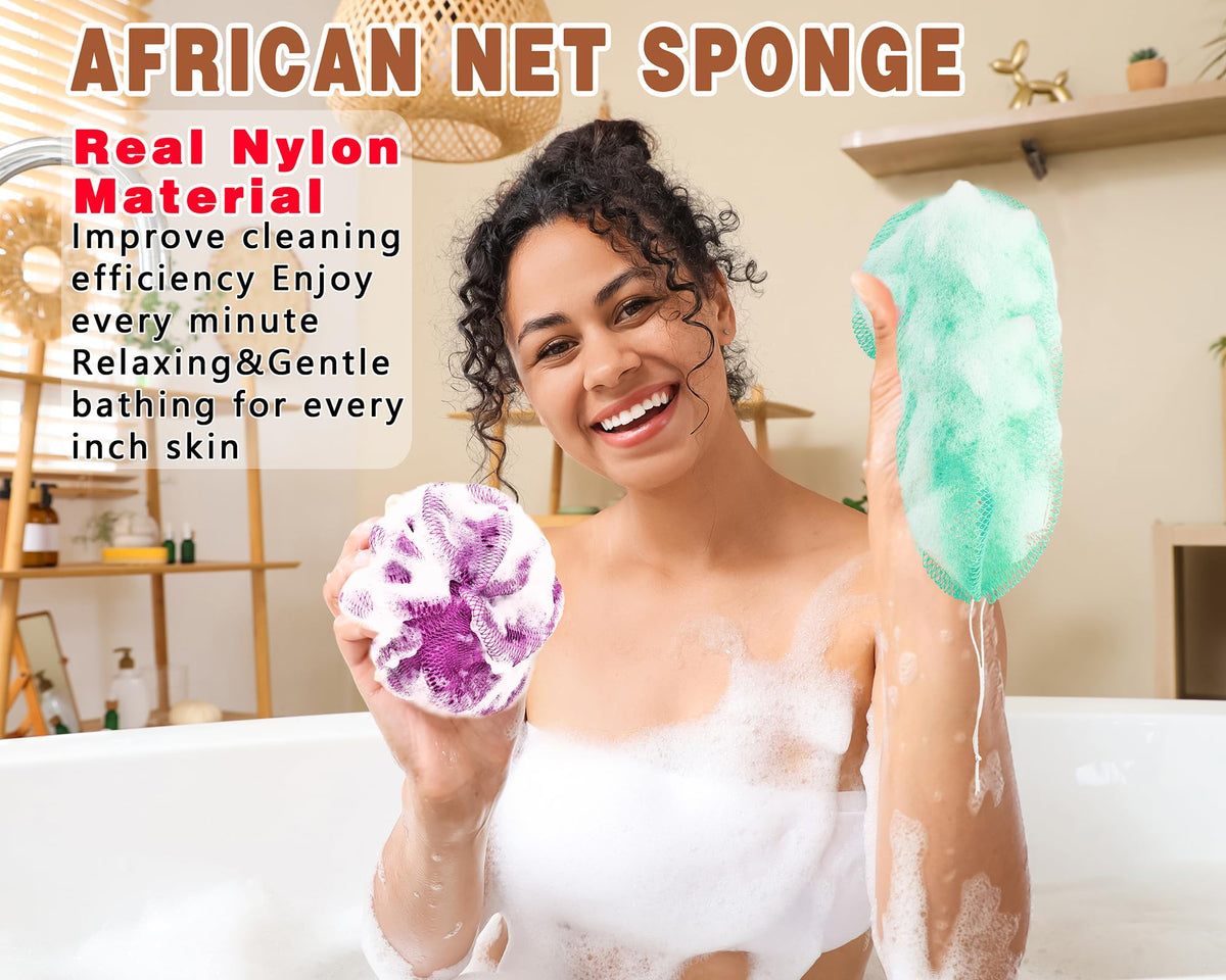 Two Gainlove African Exfoliating Net Sponges in mesh storage bags