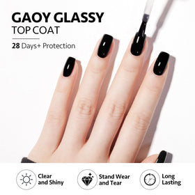 Two GAOY No Wipe Gel Top Coat bottles on a nail art table