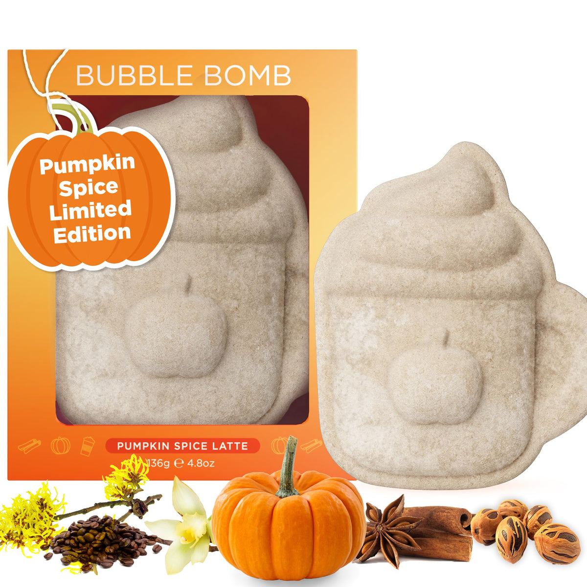 Two Sisters Pumpkin Spice Latte Bath Bomb front view with latte mug shape