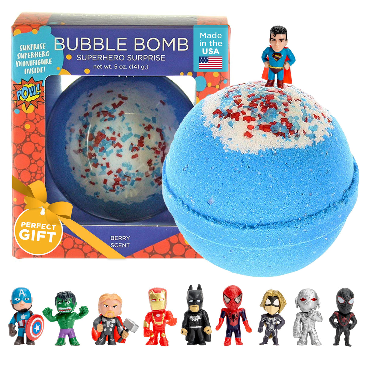 Two Sisters Superhero Bath Bomb front view with colourful packaging