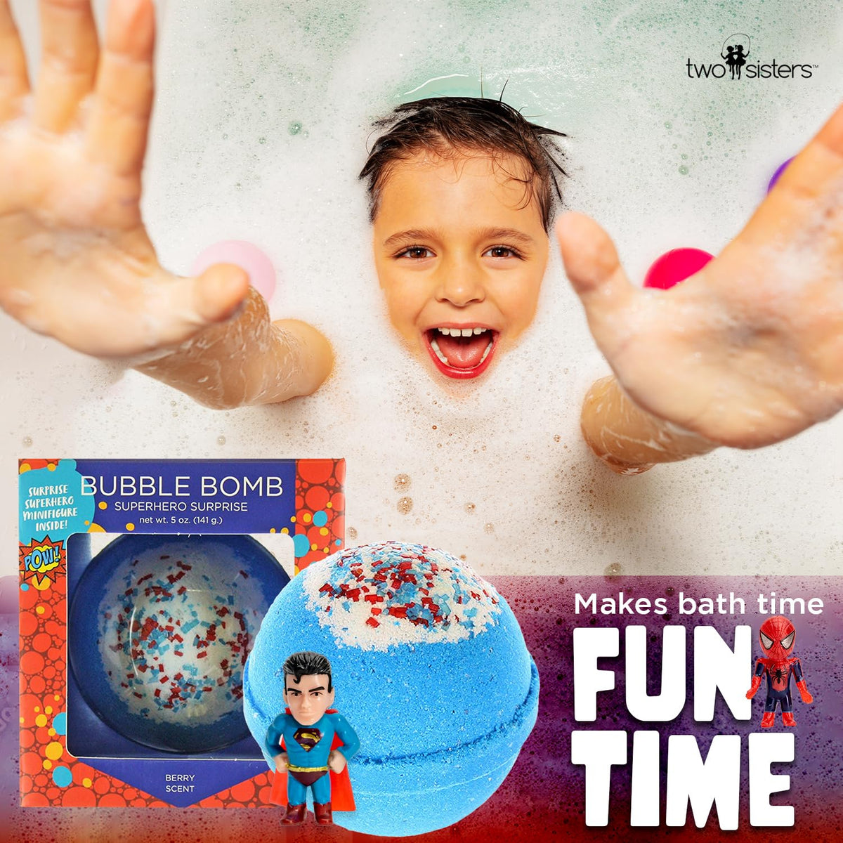 Two Sisters Superhero Bath Bomb in a bubbly bath with vibrant colours