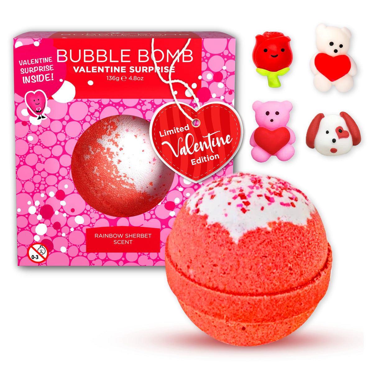 Two Sisters Valentines Bath Bomb front view with colourful packaging