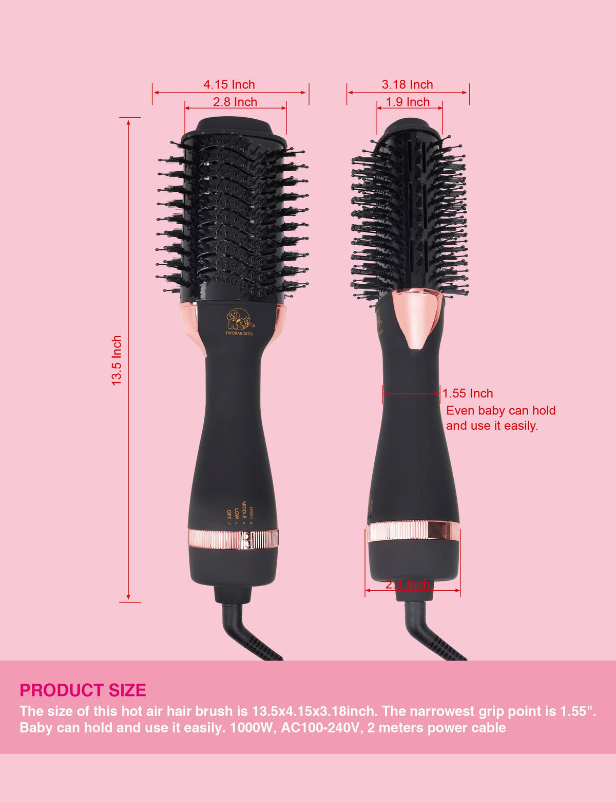 TWOBARCKER Hair Dryer Brush with 360-degree rotating cord