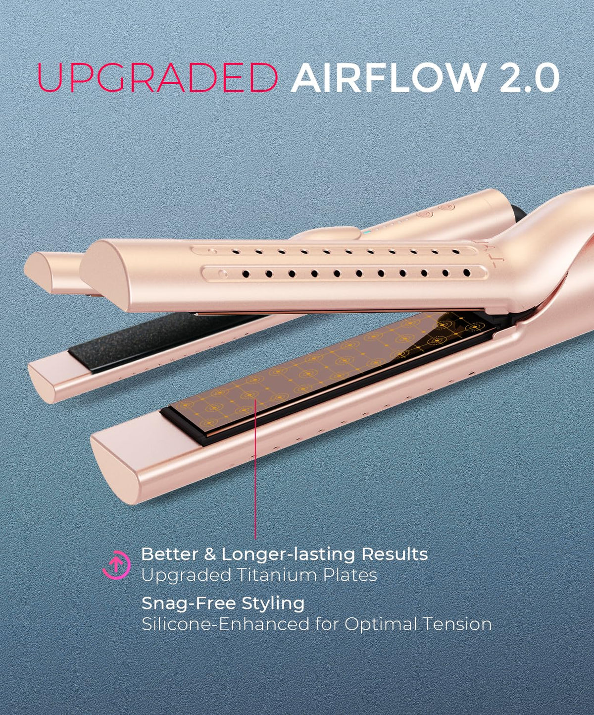 TYMO Airflow 2.0 Curling Iron Flat Iron 1.25 Inch Gold Blush close-up of plates