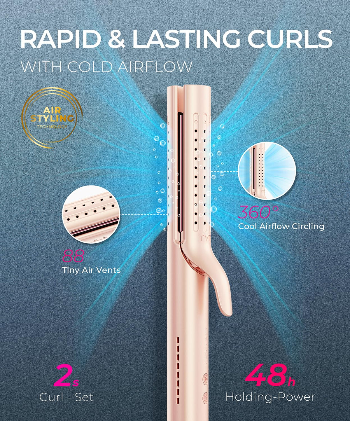 TYMO Airflow 2.0 Curling Iron Flat Iron 1.25 Inch Gold Blush side view
