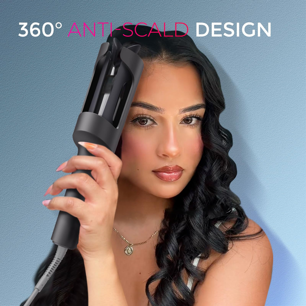 TYMO CURLPRO Automatic Rotating Curling Iron displayed on a vanity with hair products