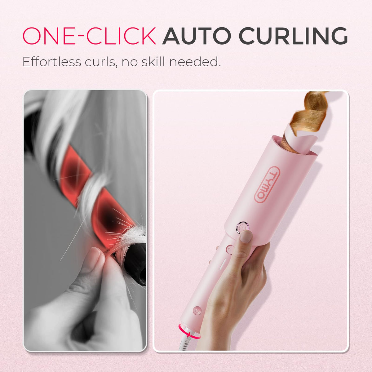 TYMO CurlPro curling iron showing the rotating barrel feature