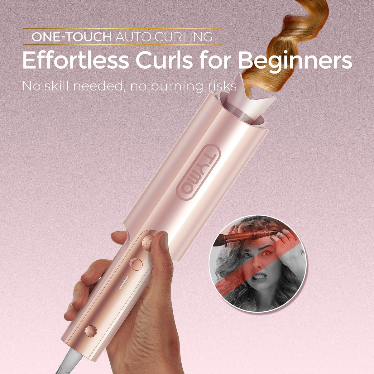 TYMO CurlPro Plus Automatic Curling Iron showing long barrel design