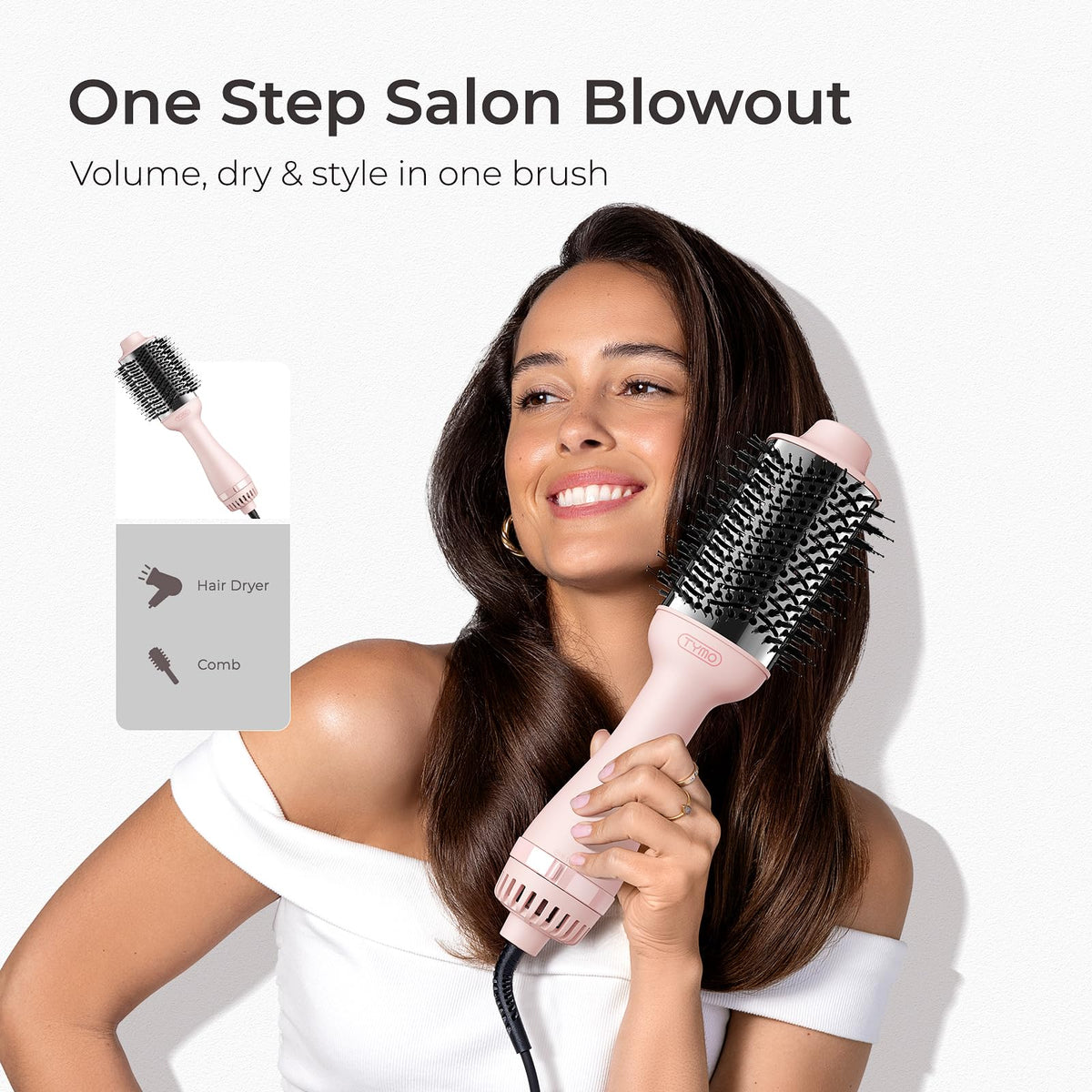TYMO Hair Dryer Brush showing titanium barrel