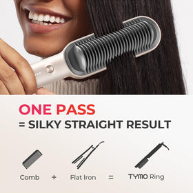TYMO Hair Straightener Brush showing patented 3D teeth
