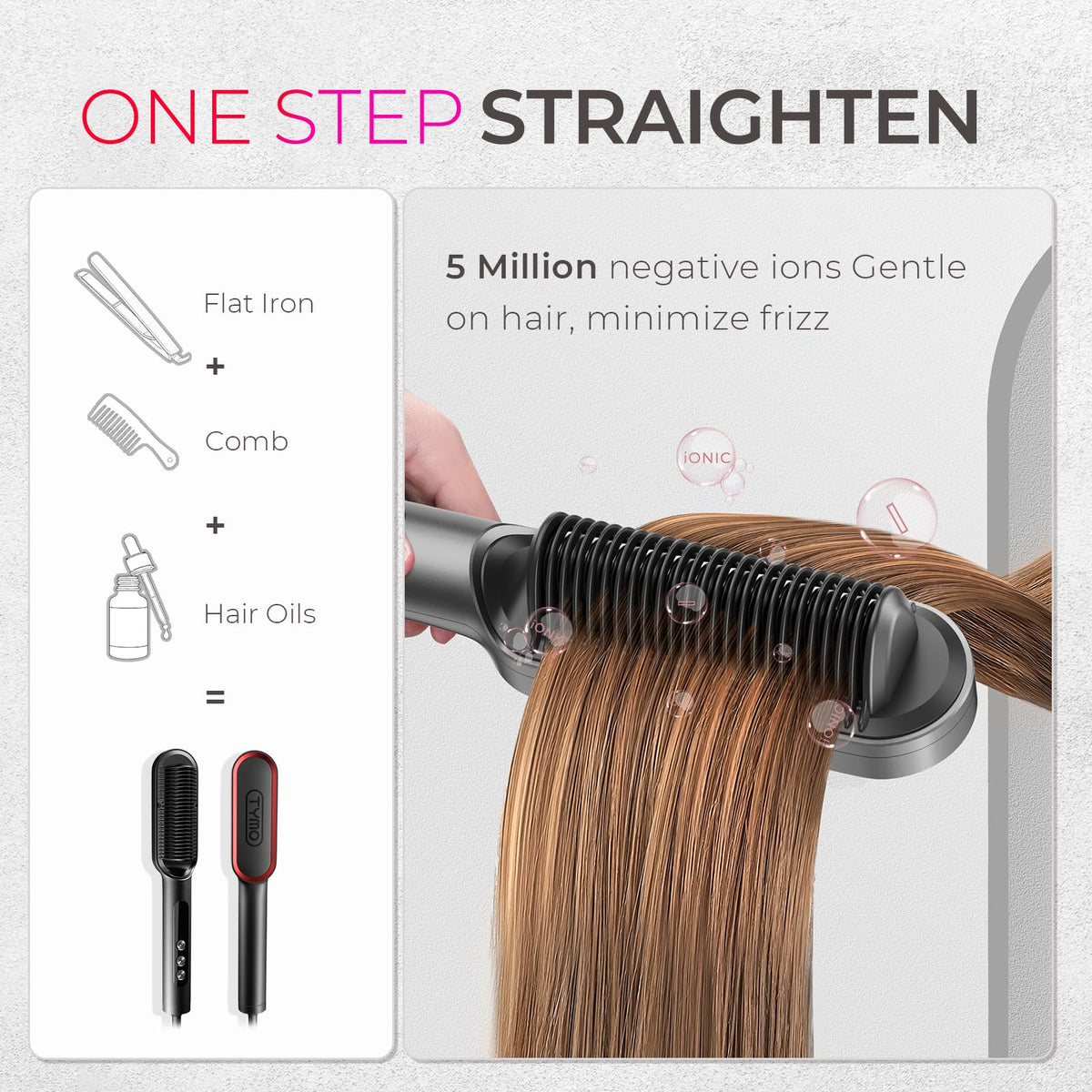 TYMO Ring Plus Ionic Hair Straightener Brush showing LED display