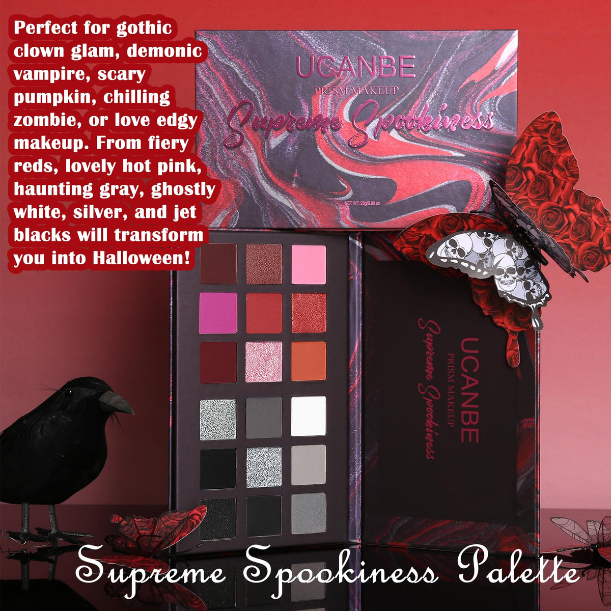 UCANBE Black Red Goth Eyeshadow Palette displayed with makeup brushes