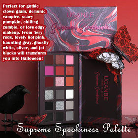 UCANBE Black Red Goth Eyeshadow Palette displayed with makeup brushes