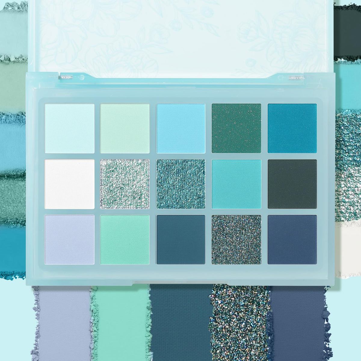 UCANBE eyeshadow palette open displaying vibrant cool tones