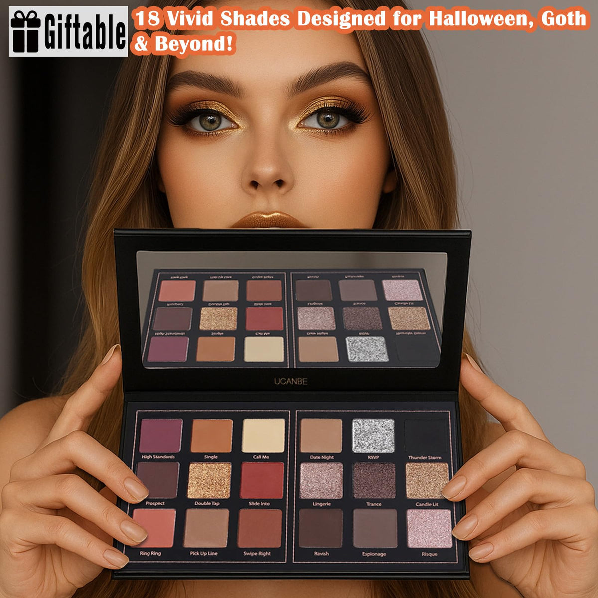 UCANBE eyeshadow palette showing shimmering and matte colours