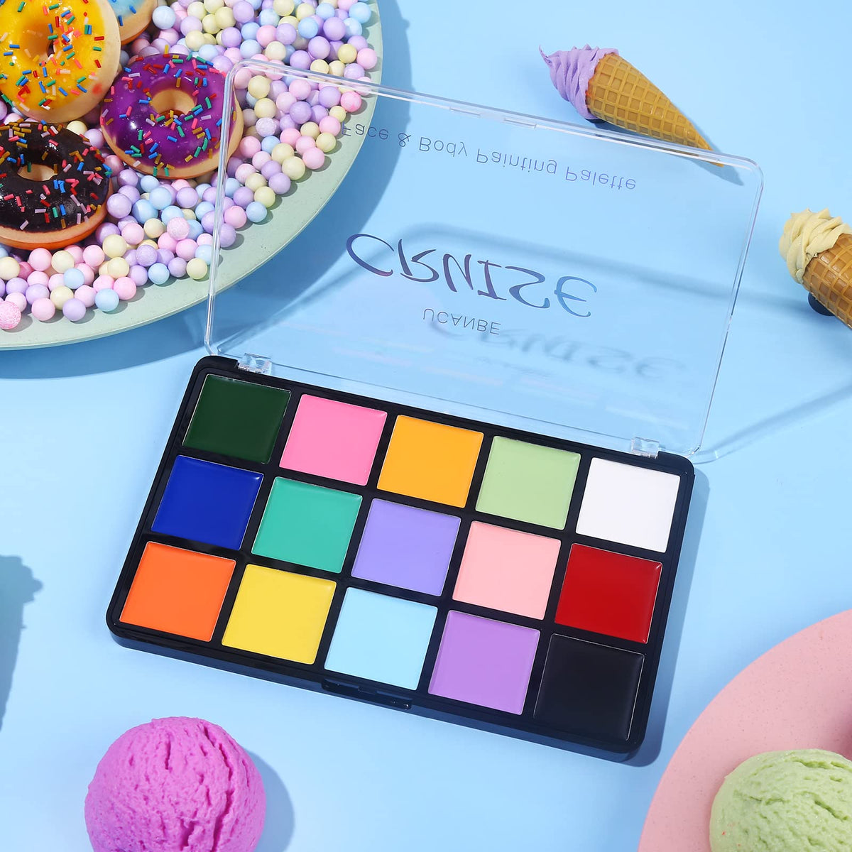 UCANBE Face Body Paint Palette with swatches of painted skin