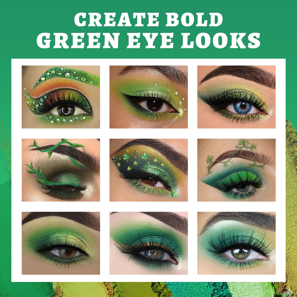 UCANBE Green Eyeshadow Palette open displaying all 15 colours