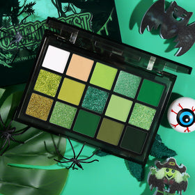 UCANBE Green Eyeshadow Palette with brush and makeup accessories