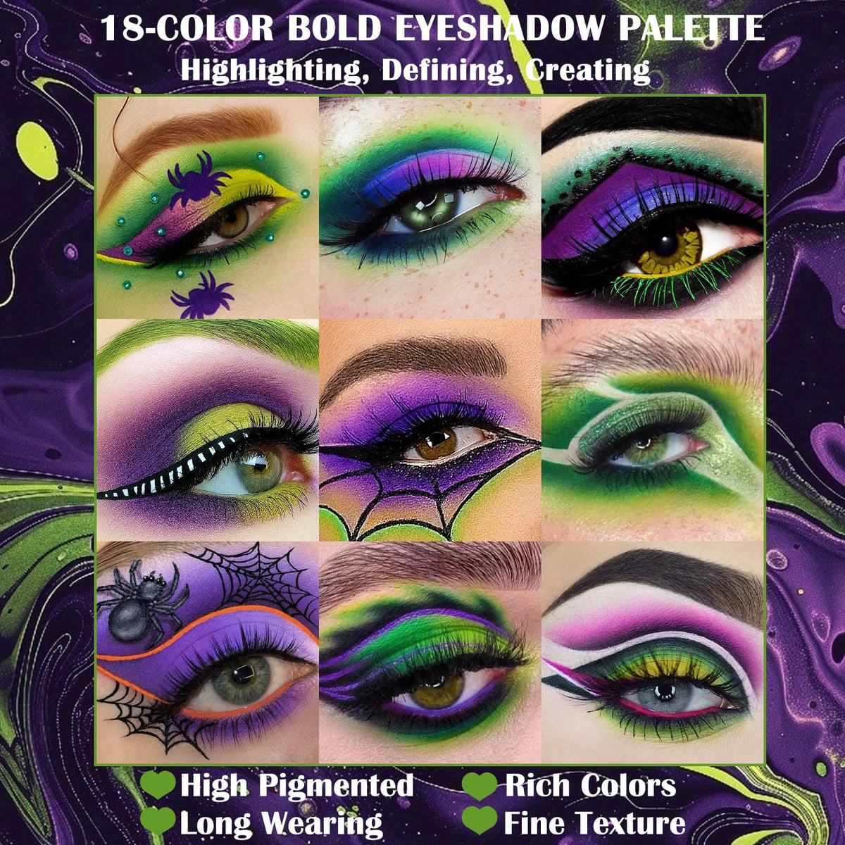 UCANBE Green Purple Gothic Eyeshadow Palette swatches on skin