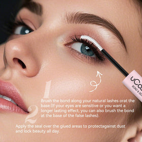 UCOOLME Lash Bond and Seal 10ML with beauty tools on a vanity