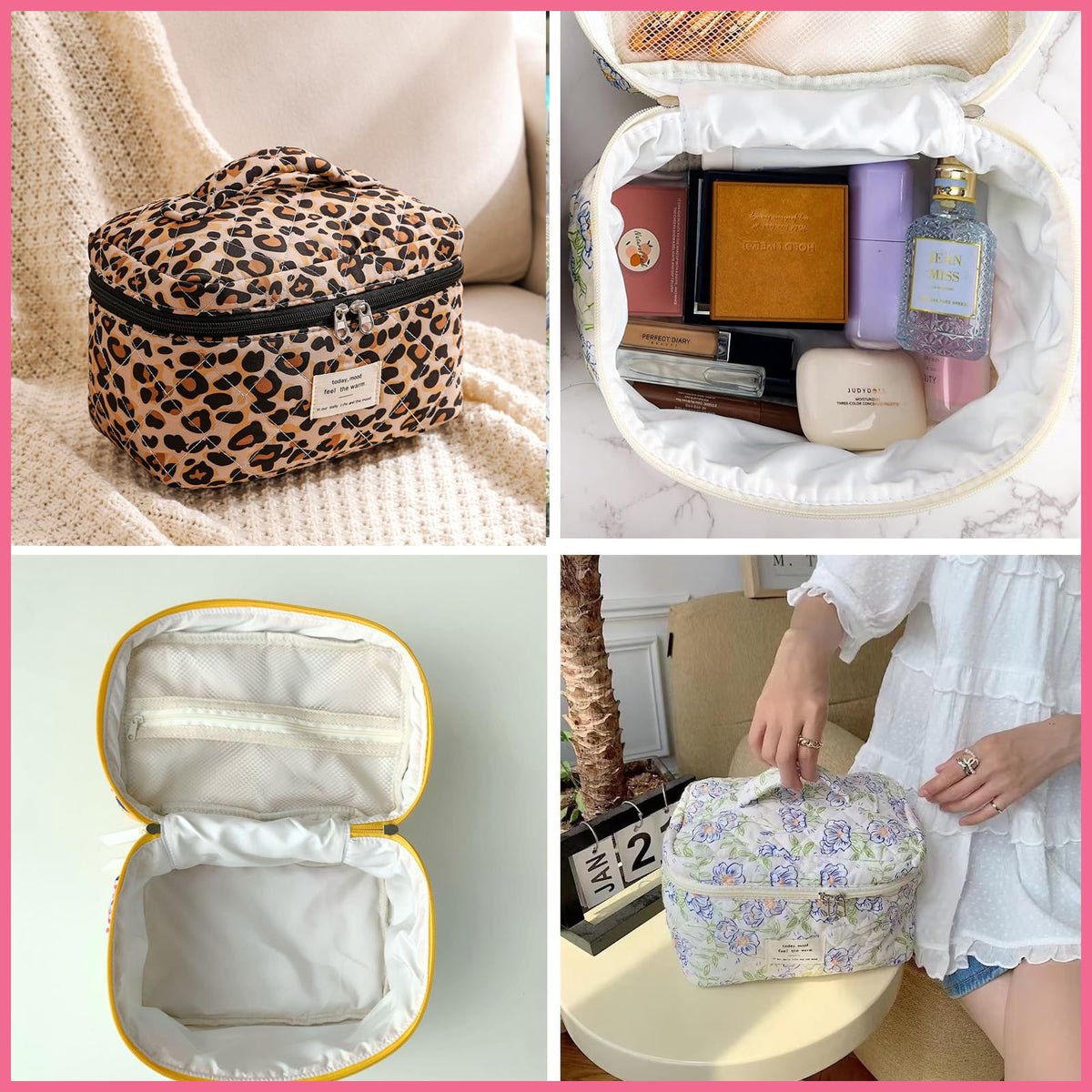 uekeboag Large Makeup Bag displayed with cosmetics and toiletries