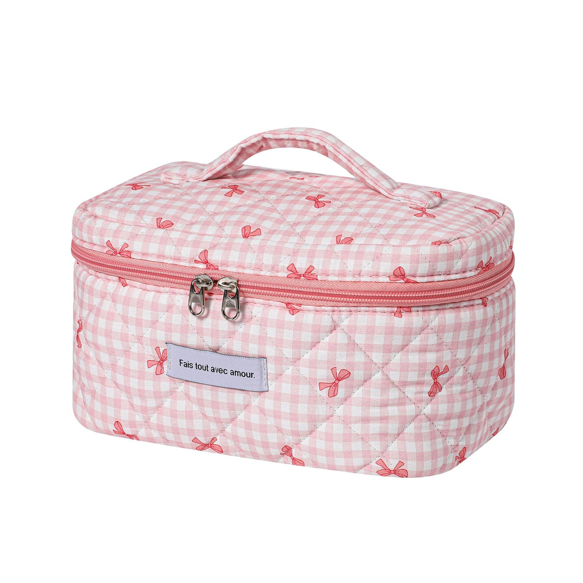 uekeboag Large Travel Quilted Makeup Bag front view with floral design