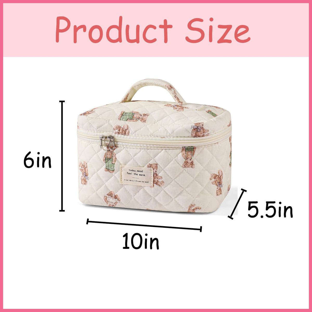 uekeboag Large Travel Quilted Makeup Bag side view showing zipper