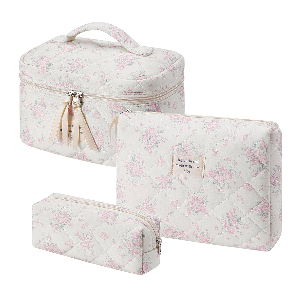 uekeboag Quilted Makeup Bag Set front view with floral design