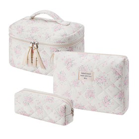 uekeboag Quilted Makeup Bag Set front view with floral design