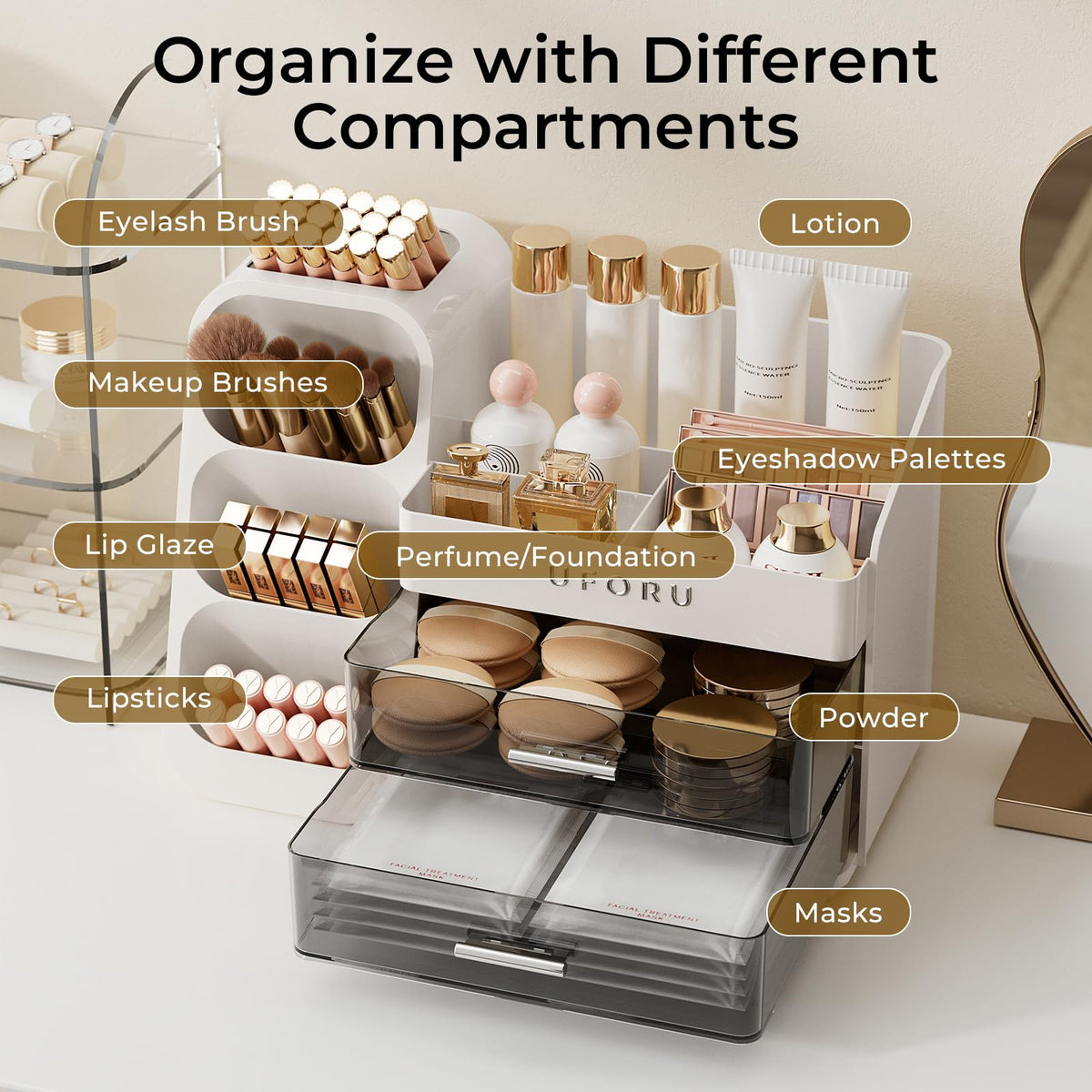 UFORU Makeup Organizer top view displaying beauty products