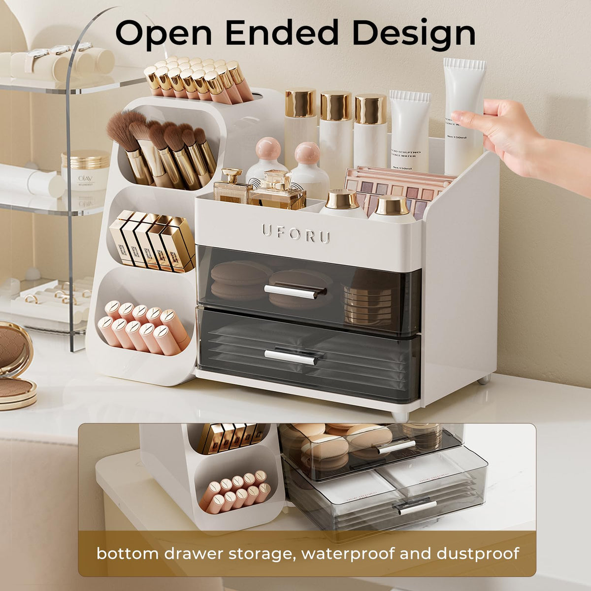 UFORU Makeup Organizer with various cosmetics inside