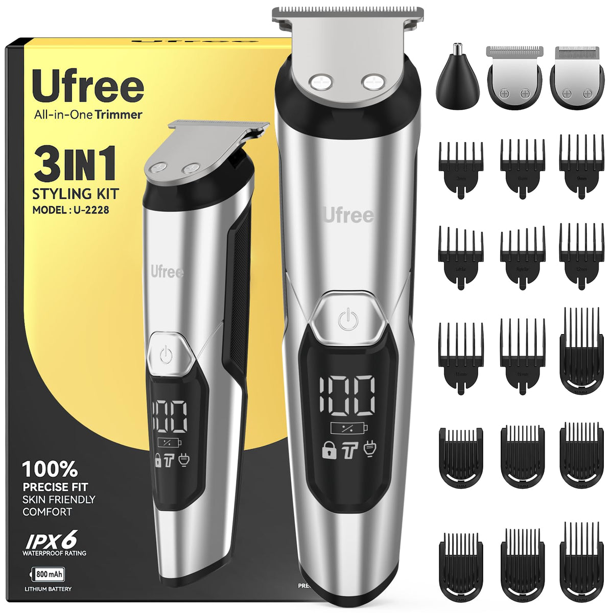 Ufree 3-in-1 Beard Trimmer front view with three heads