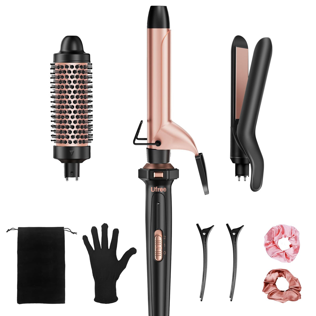 Ufree 3-in-1 Curling Iron Wand Set front view with accessories