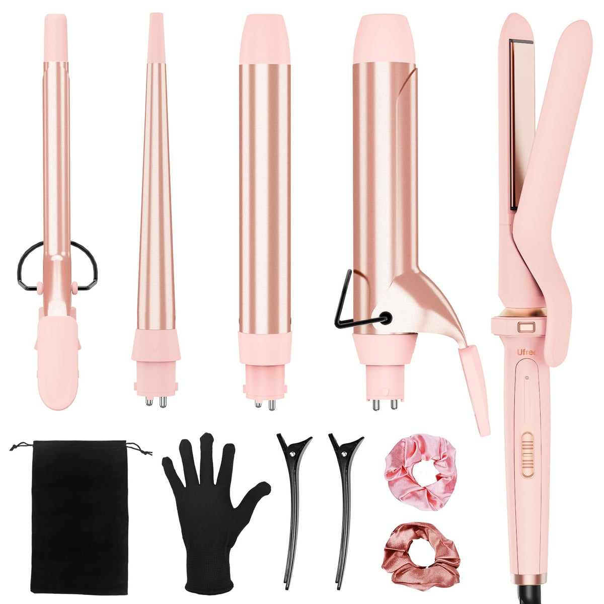 Ufree 5 in 1 Curling Iron Set with Ceramic Barrels in pink