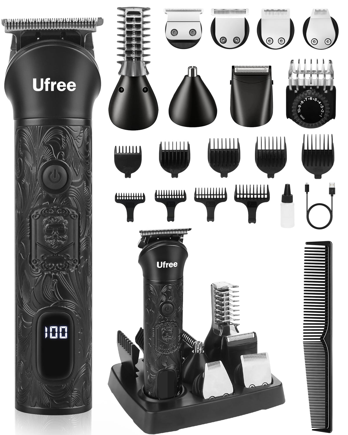 Ufree 7-in-1 Beard Trimmer front view with multiple attachments