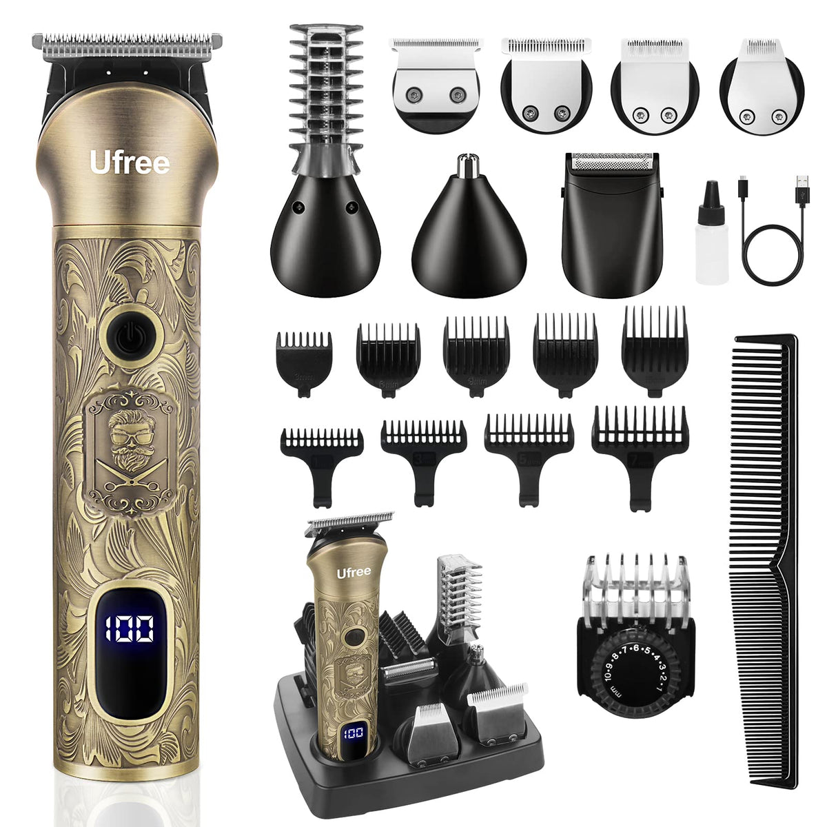 Ufree 7-in-1 Beard Trimmer front view with multiple trimmer heads