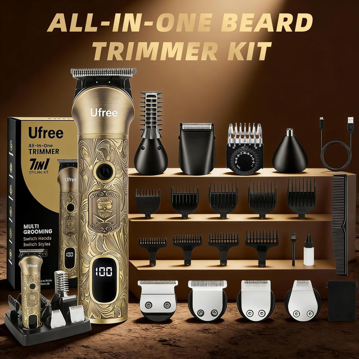 Ufree Beard Trimmer displayed with travel accessories