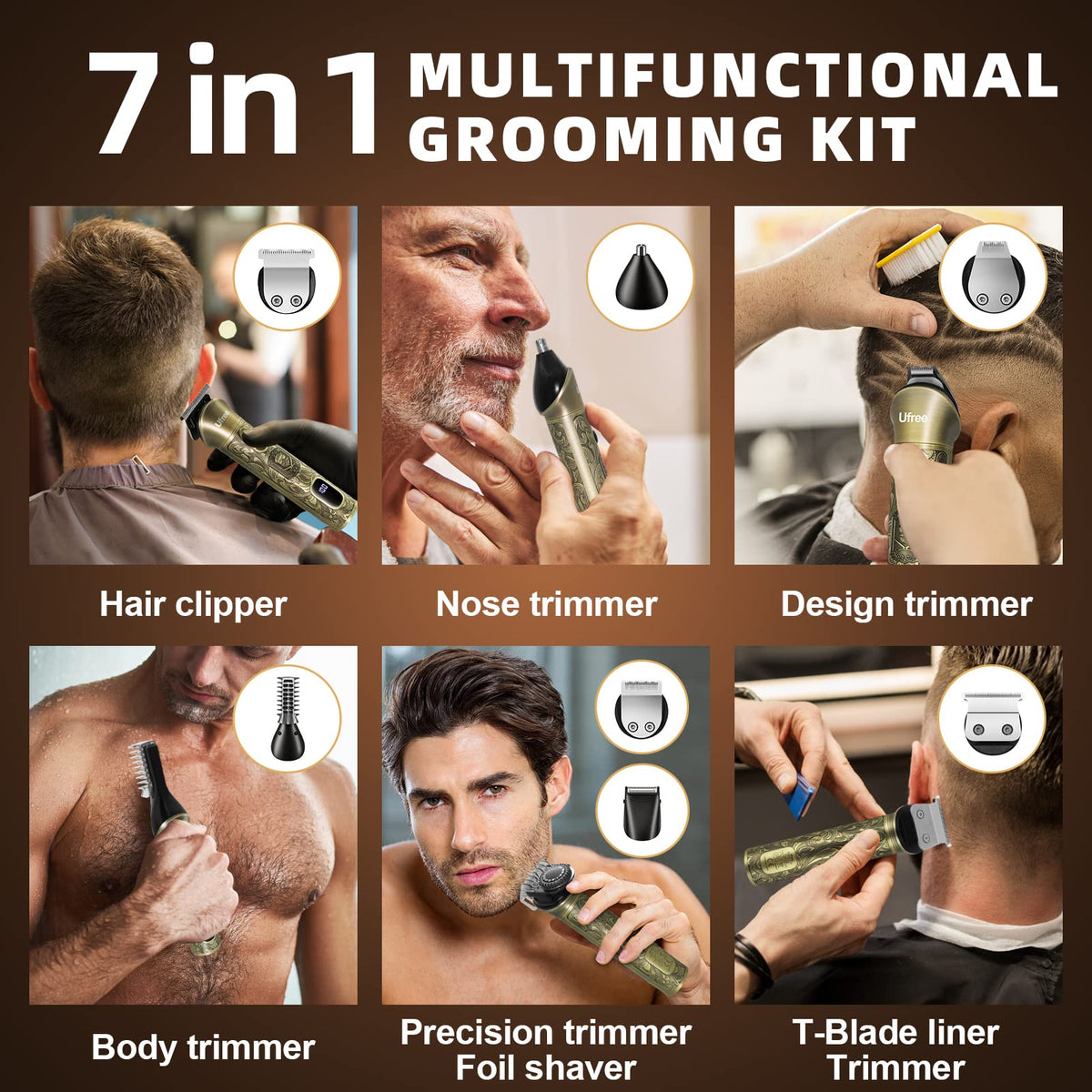 Ufree Beard Trimmer with accessories on a flat surface