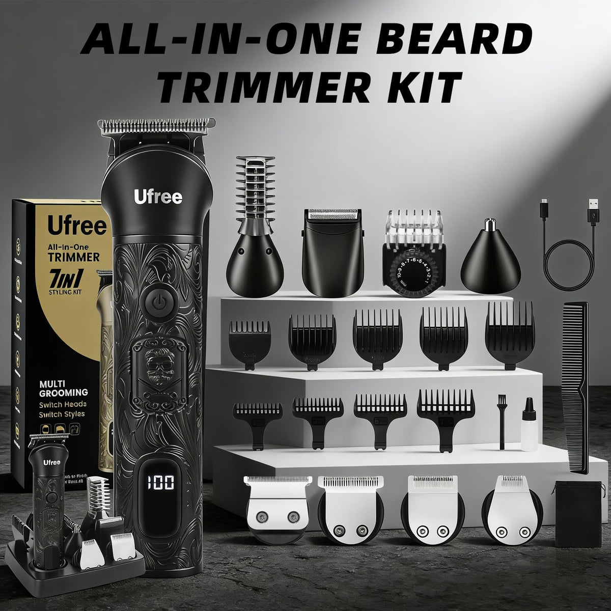 Ufree Beard Trimmer with all attachments displayed