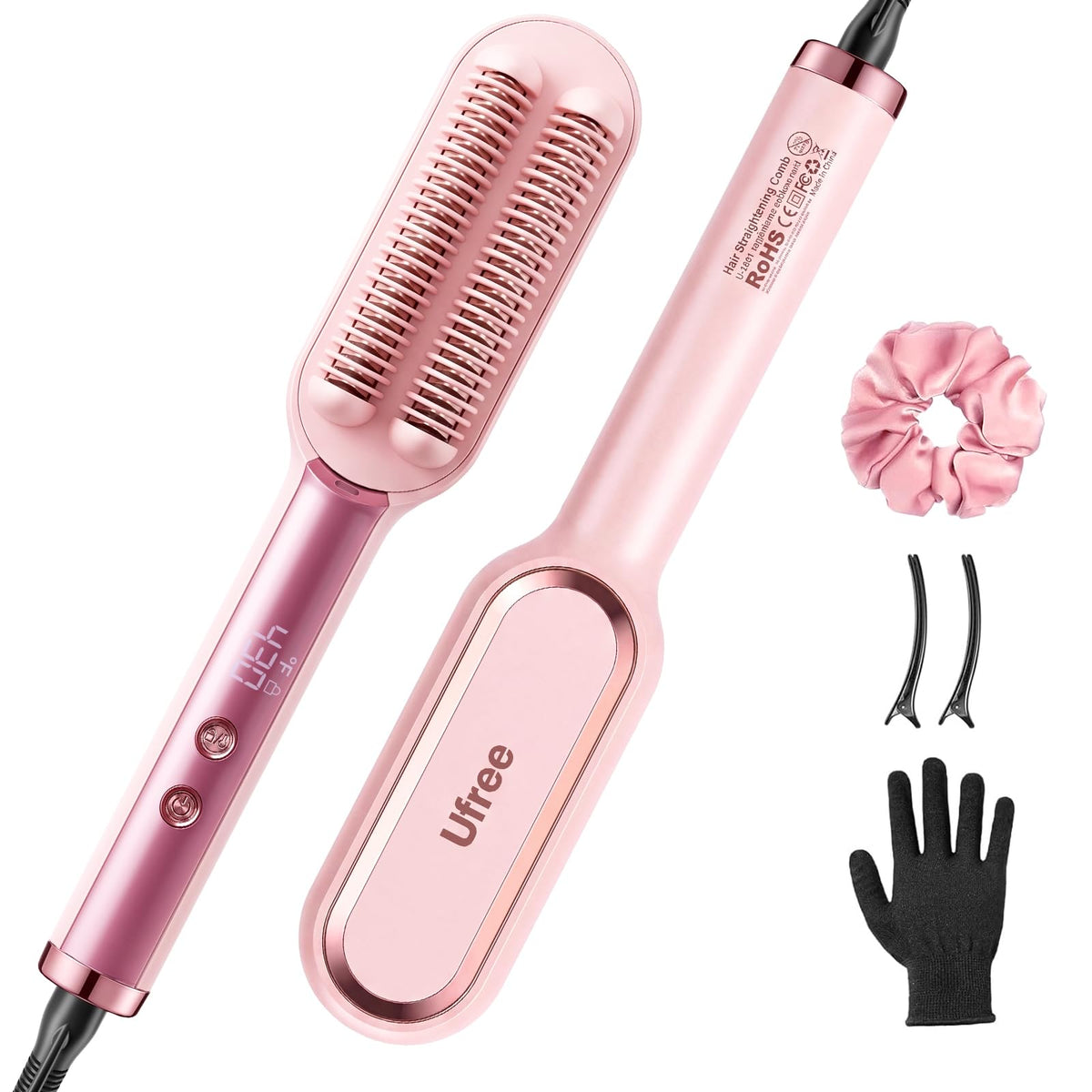 Ufree Hair Straightener Brush front view in pink