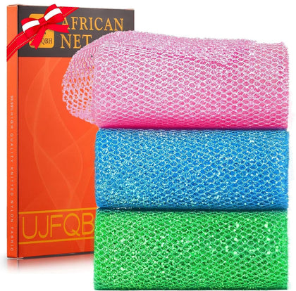 UJFQBH 3 Piece Exfoliating Shower Set in bright pink, blue, and green