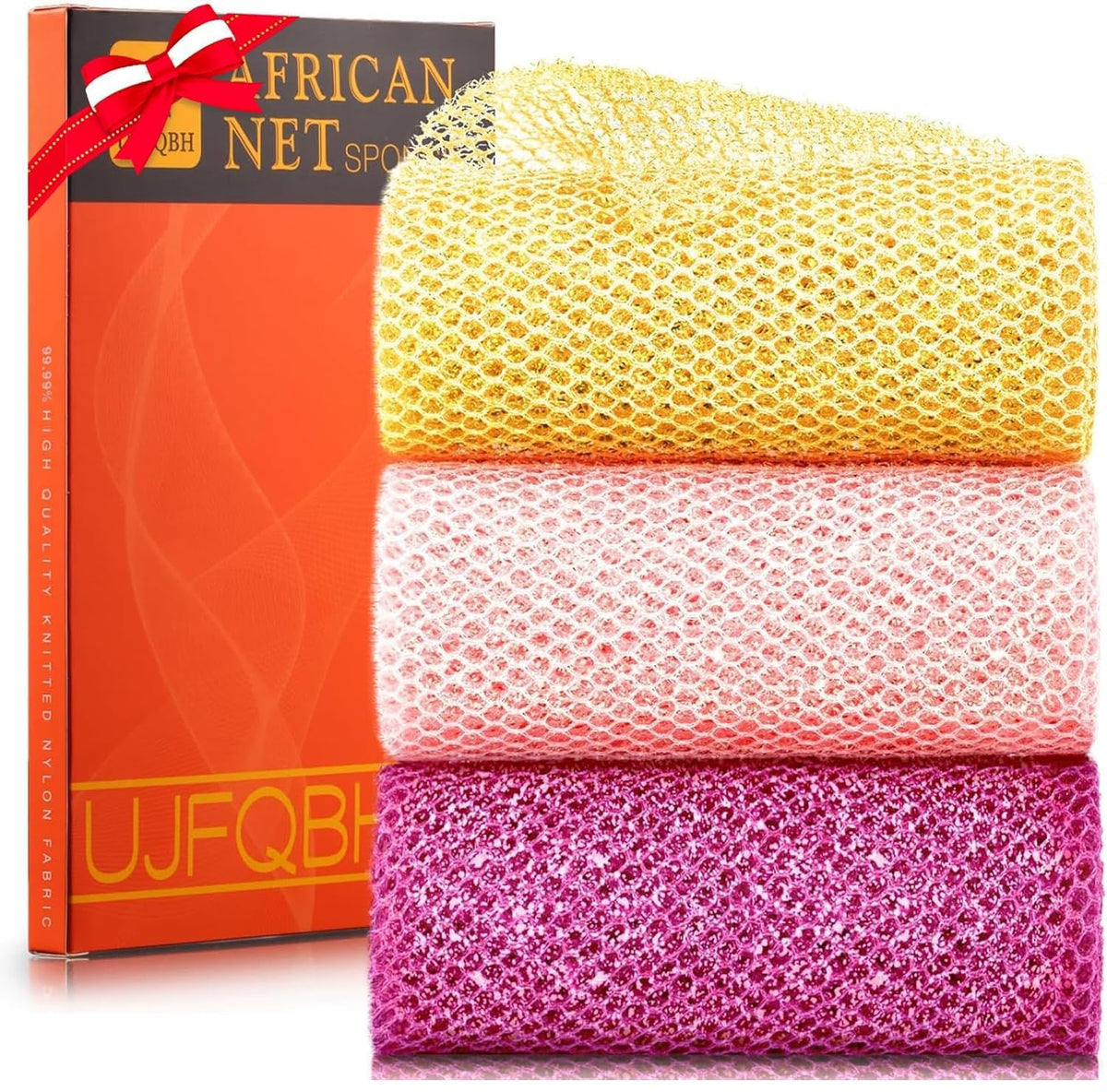 UJFQBH 3 Piece Exfoliating Shower Set in bright yellow, pink, and purple